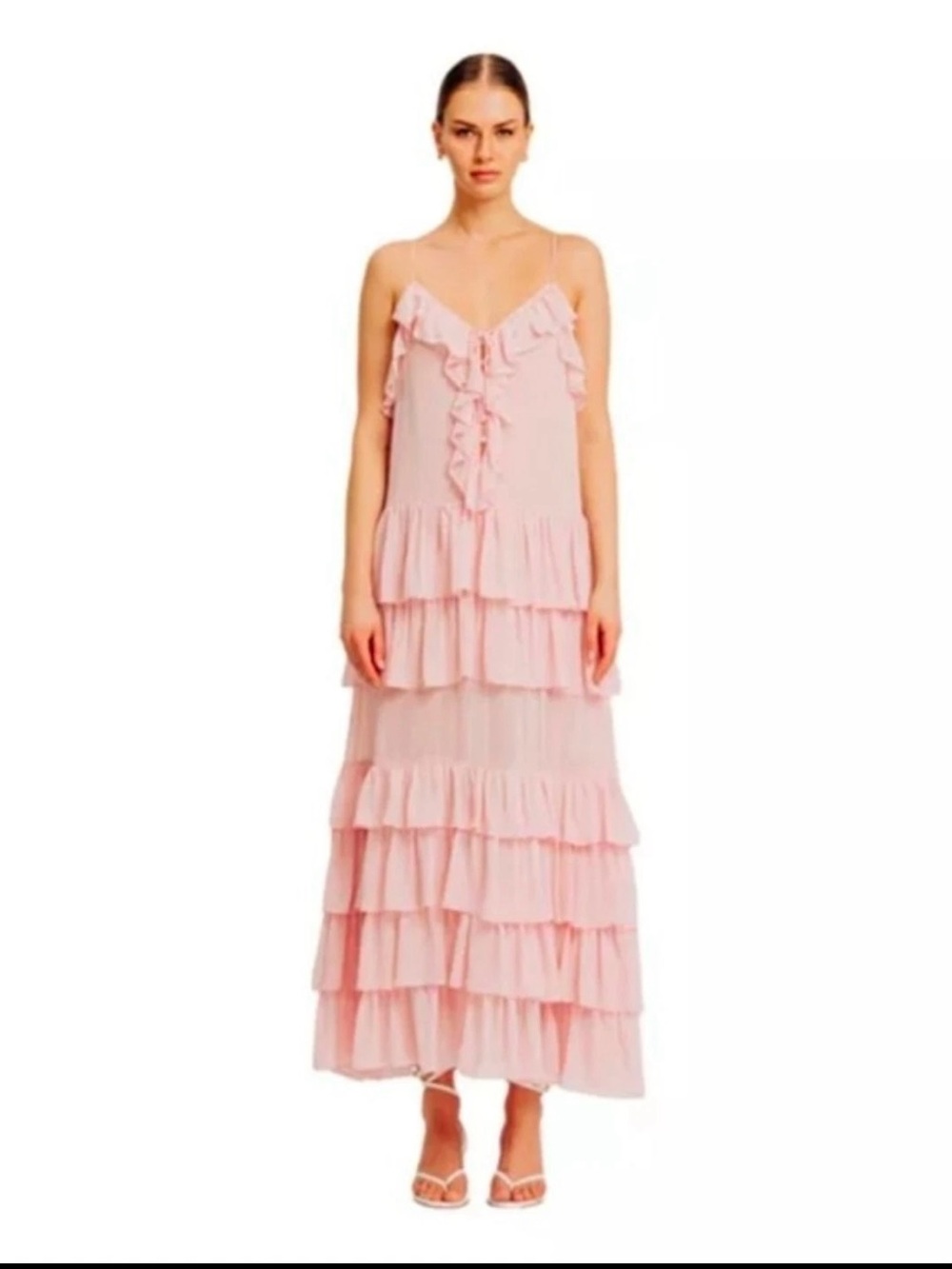 NWT Torn by Ronny Kobo Pink Ruffle Tiered Maxi Dress Spaghetti Straps